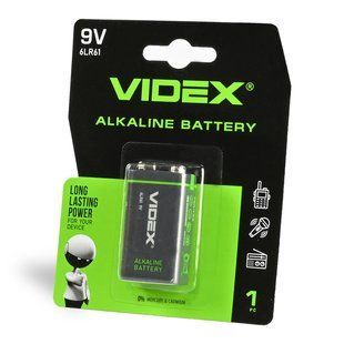 Батарейка лужна Videx 6LR61/9V (Крона) 1шт BLISTER 6LR61/9V/B фото